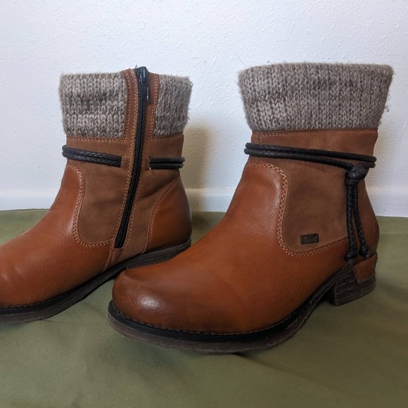 Rieker Fleece Lined Ankle Boots- Size 39- Cayenne Brown with Knitted Cuff - Picture 6 of 9
